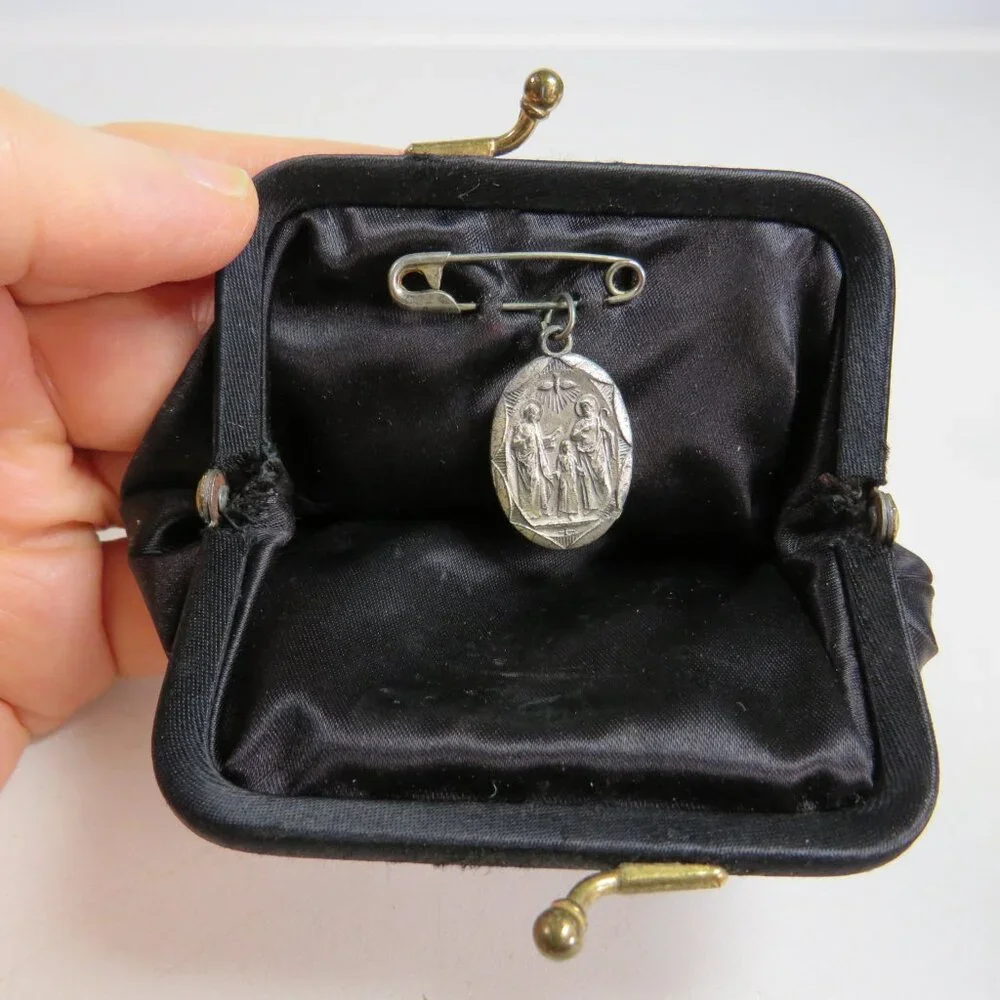 Vintage Black Velvet Kiss-Lock Clutch Purse, satin change & Jeweled Mirror Brush